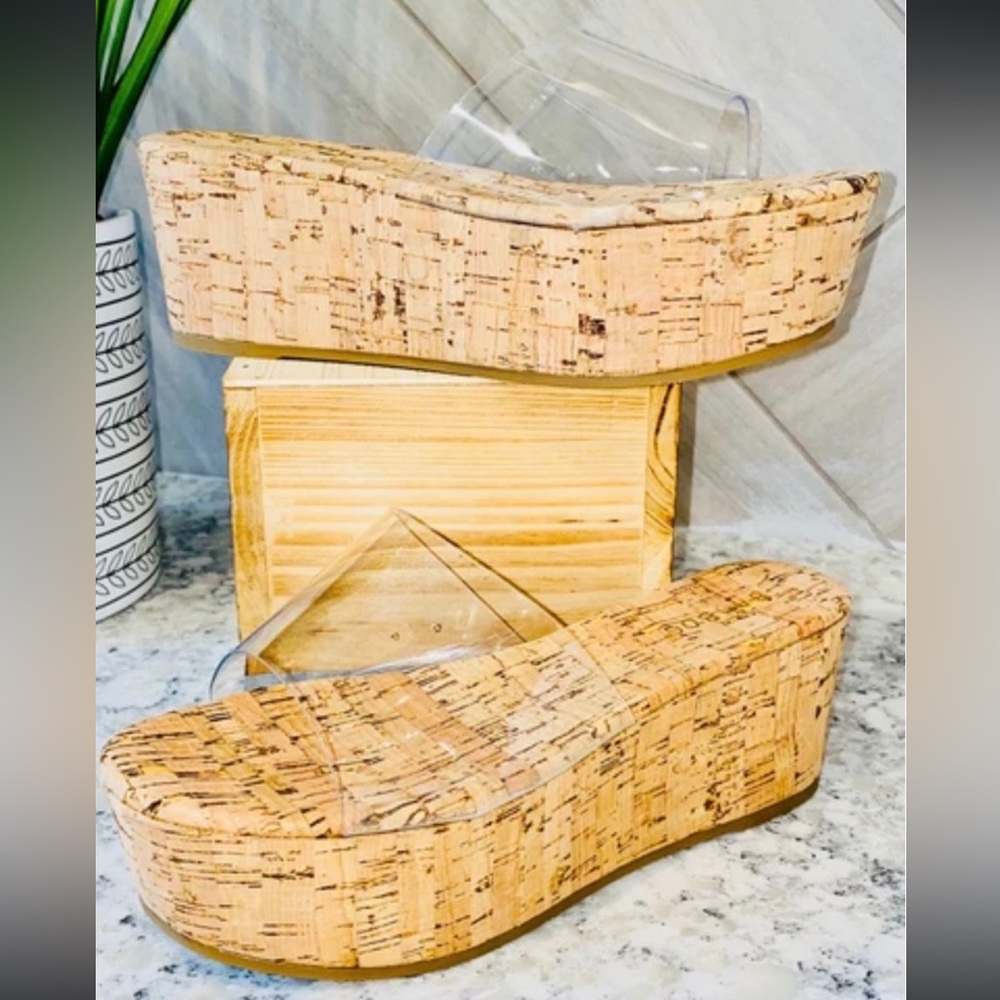 “B” Clear Cork Platform Sandals